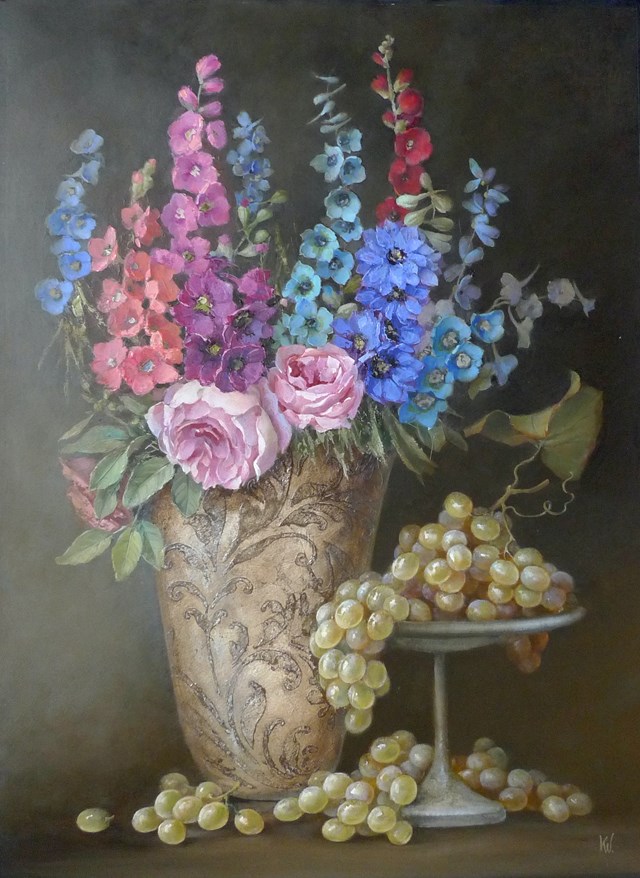 Living room painting by kalina wiśniewska titled bouquet with grapes