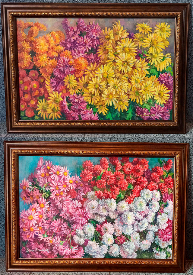 Living room painting by Iryna-Kseniia Andriianova titled Chrysanthemums. sunny and cloudy autumn. The diptych