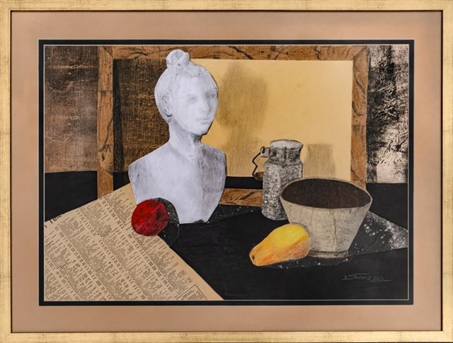 Living room painting by Bogusława Skawrna titled Collage with bust and pear