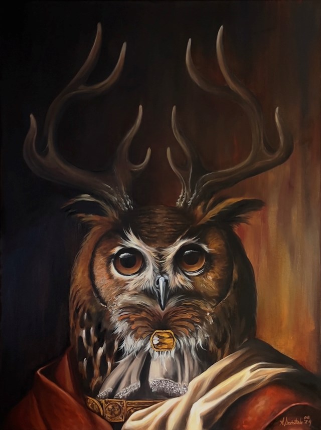 Living room painting by Anna Szóstak titled Lord owl