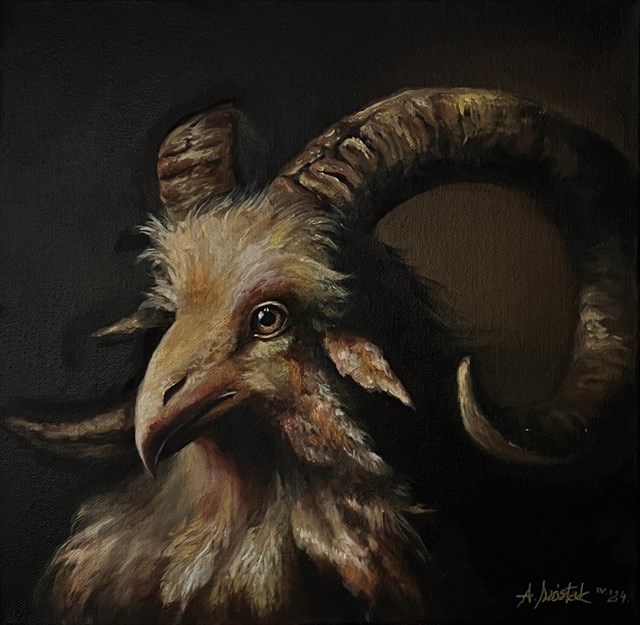 Living room painting by Anna Szóstak titled Horned bird