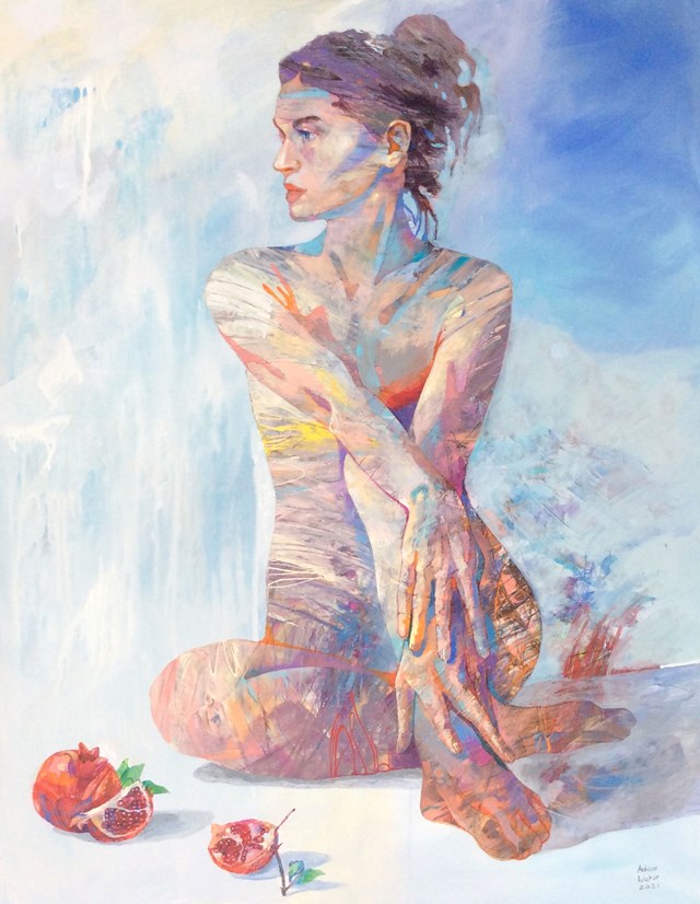 Living room painting by Adam Wątor titled ATTENTION! GIRL WITH POMEGRANATES
