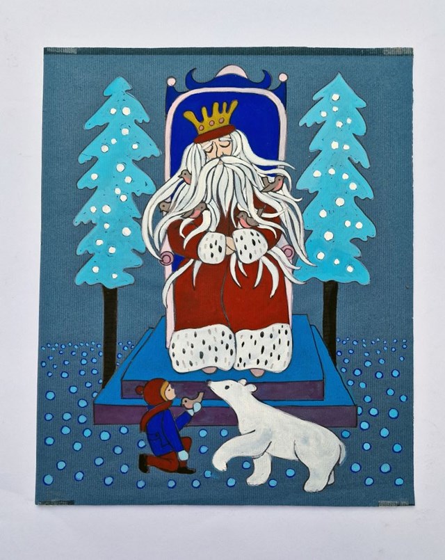 Living room painting by Zdzisław Witwicki titled The King of Winter – illustration for the book "Winter with a White Bear" by Helena Bechlerowa