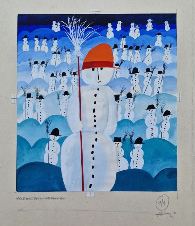 Living room painting by Zdzisław Witwicki titled Snowmen – illustration for the book "Rainbow for Sunday" by Jerzy Ficowski