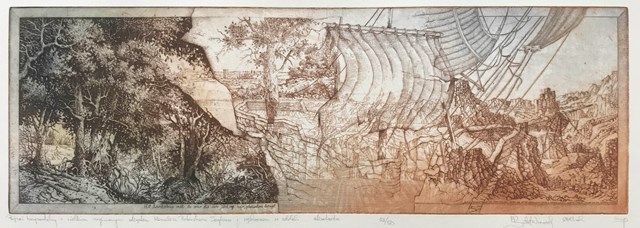 Grafika do salonu artysty Krzysztof Wieczorek pod tytułem Grafiki Horyzontalne: Pejzaż horyzontalny z wielkim zaginionym okrętem Herculesa Pieterszoona Seghersa