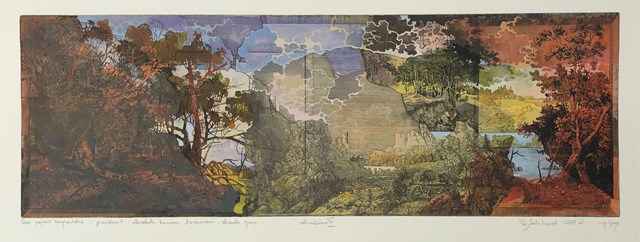 Grafika do salonu artysty Krzysztof Wieczorek pod tytułem Dwa pejzaże horyzontale … przenikanie - akwaforta barwiona, akwarela, gwasz. Odbitka unikatowa XI