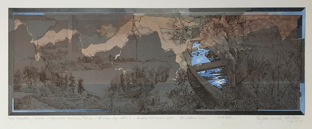 Living room print by Krzysztof Wieczorek titled Horizontal landscape with a lake and a forgotten wooden boat ... how are you in this heaven? Etching, Mixed media, gouache print unique third ... 16.01.2020