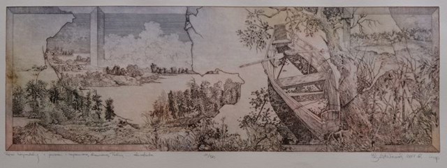 Living room print by Krzysztof Wieczorek titled Horizontal landscape with a lake and a forgotten wooden boat ... 11/50