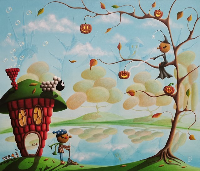 Living room painting by Paweł Widera titled "Radośnica ratuje jesień przed strasznymi minami"