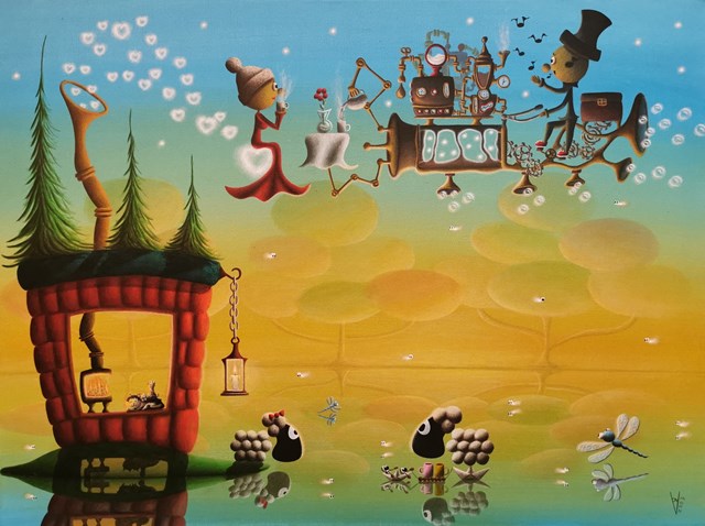 Living room painting by Paweł Widera titled "jesienny dostawca kawy i gorącej czekolady"