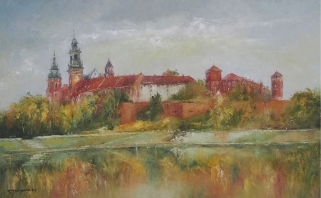 Living room painting by Kazimierz Hamada titled Krakow - View of the Wawel