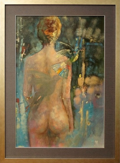 Living room painting by Jan Żyrek titled Nude With Hummingbird