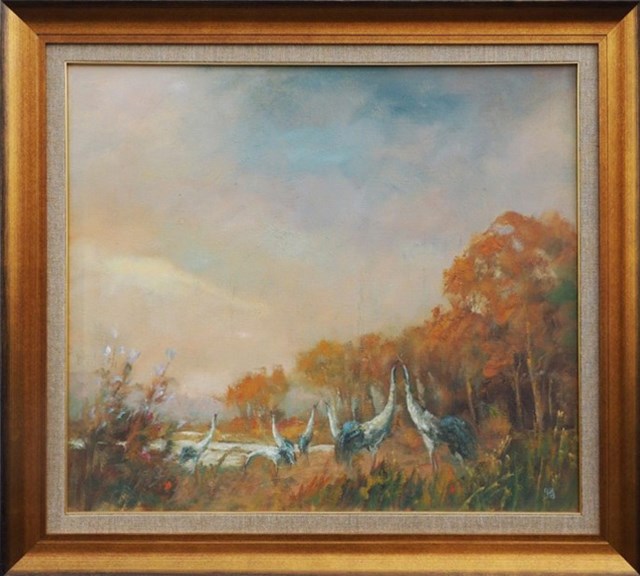 Living room painting by Jan Żyrek titled Cranes