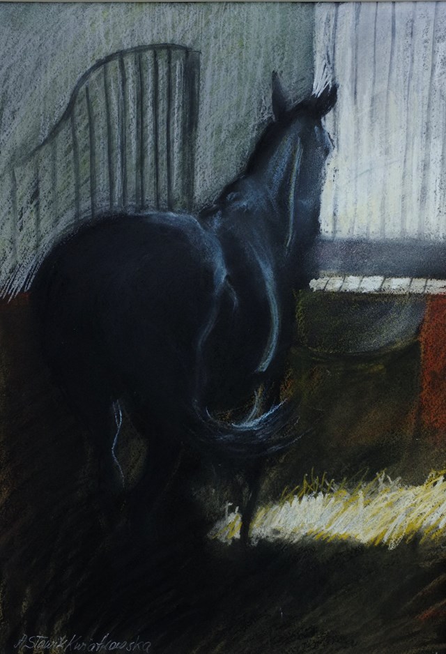 Living room painting by Agnieszka Słowik-Kwiatkowska titled Black Lipicaner in the Topolczanki stable
