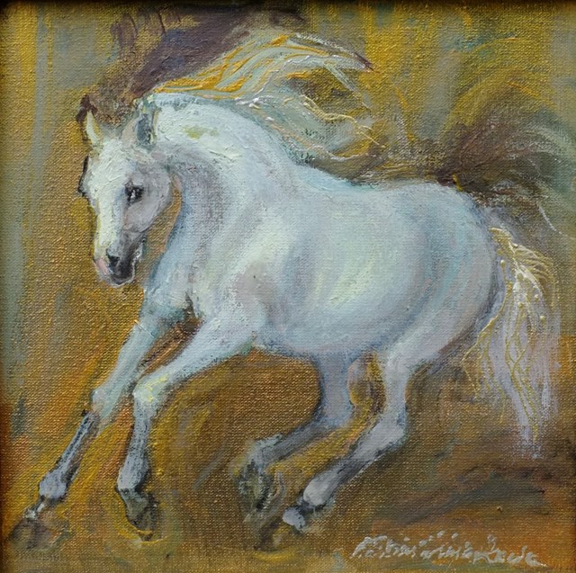 Living room painting by Agnieszka Słowik-Kwiatkowska titled Grey horse in gold