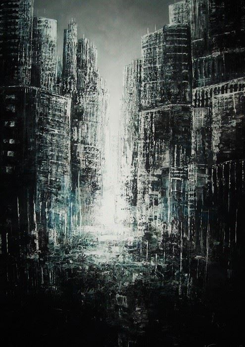 Living room painting by Andrzej Fronczak titled In the city fumes
