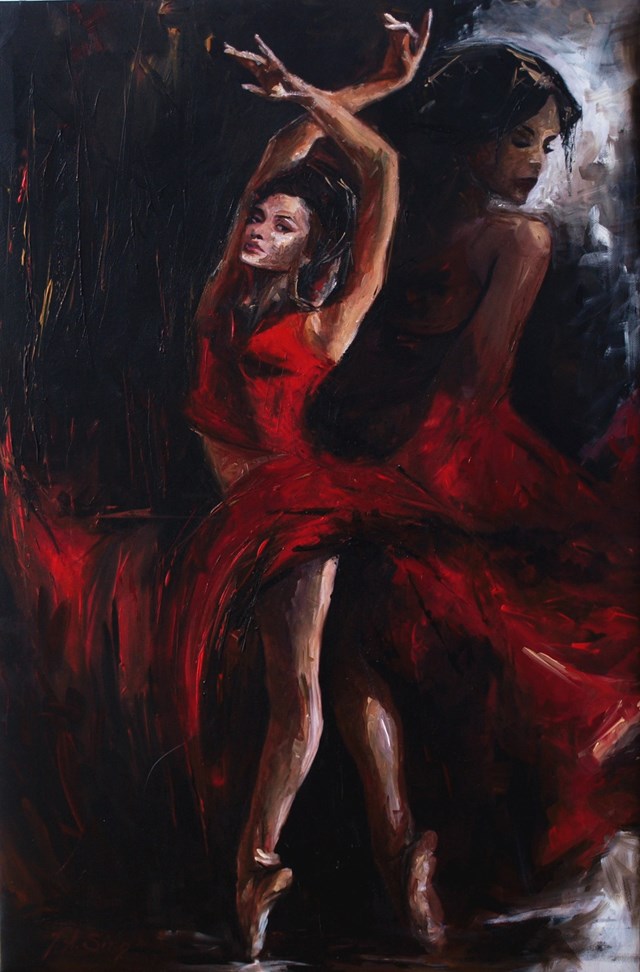 Living room painting by J. Aurelia Sikiewicz-Wojtaszek titled Scarlet whirl