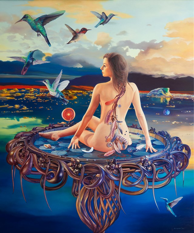 Living room painting by Piotr Horodyński titled dawn of imagination