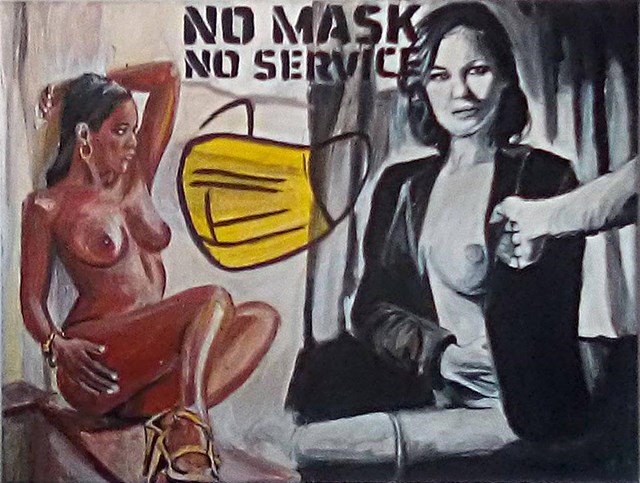 Living room painting by Ilona Foryś titled  NO MASK NO SERVICE