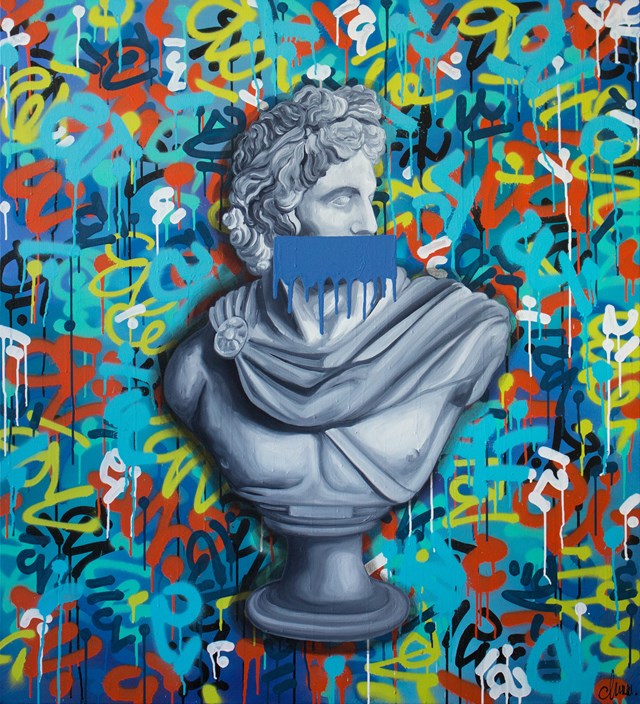 Living room painting by Monika Mrowiec titled Apollo Belvedere bust / 817 Street Art Avenue