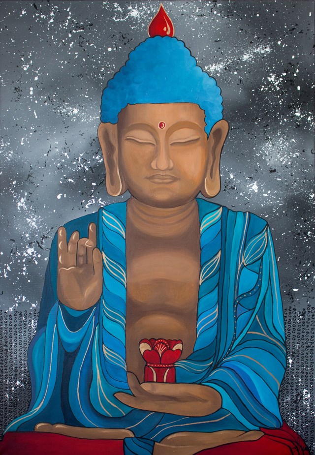 Living room painting by Monika Mrowiec titled Buddha Meditation in a blue robe