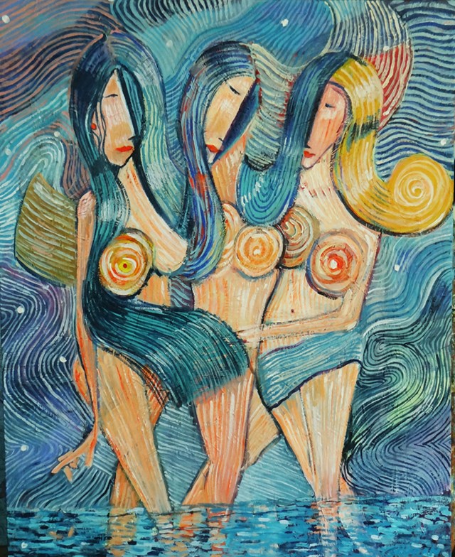 Living room painting by Tomasz Kuran titled  3 grace in a night bath