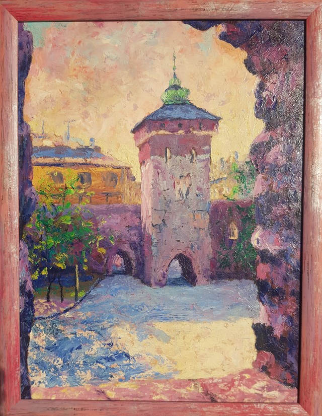 Living room painting by Jan Bembenista titled Florian's Gate in Krakow