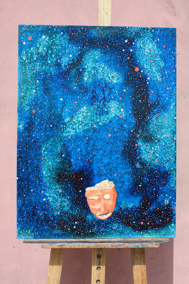 Obraz do salonu artysty Jan Bembenista pod tytułem Ceglana twarz -w kosmosie