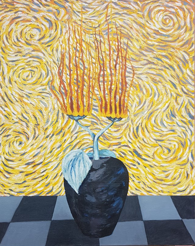 Obraz do salonu artysty Jan Bembenista pod tytułem Reinkarnacja słoneczników V.van Gogha-Szczęście.