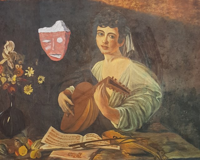Living room painting by Jan Bembenista titled Caravaggio i Ceglana twarz
