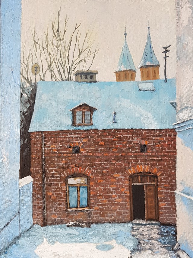 Obraz do salonu artysty Jan Bembenista pod tytułem Podwórko w Płocku,zimą
