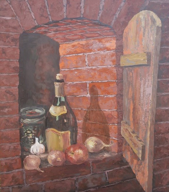 Living room painting by Jan Bembenista titled Cellar-still life