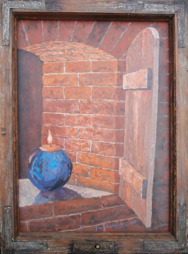 Obraz do salonu artysty Jan Bembenista pod tytułem Martwa natura-piwniczna,z niebieską świecą