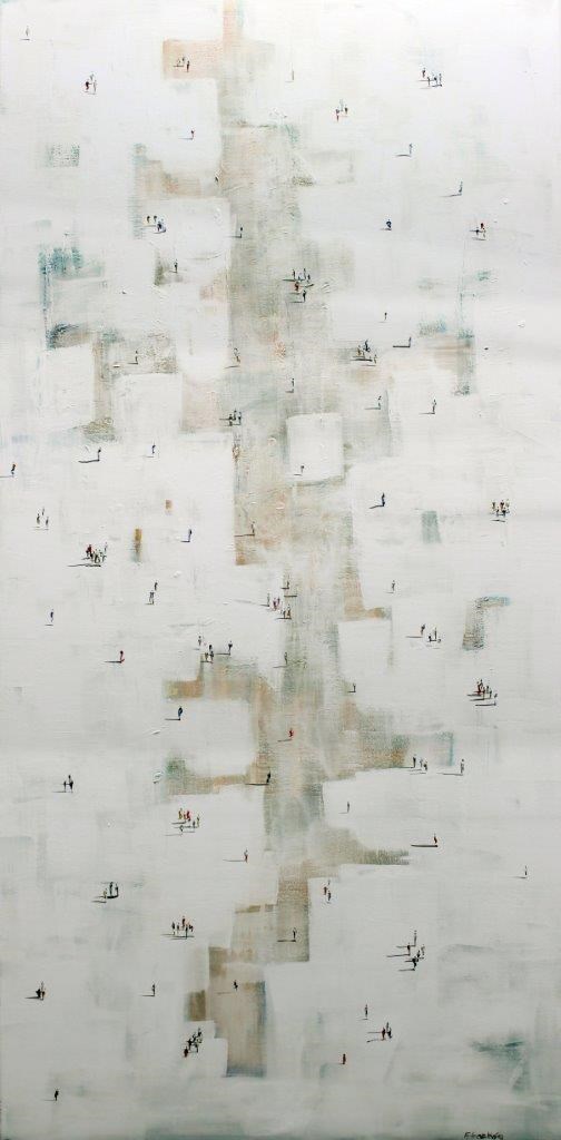 Living room painting by Filip Łoziński titled Vertical foggy composition with people