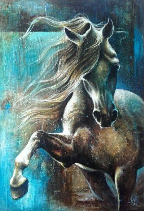 Living room painting by Kamila Karst titled Blue horse
