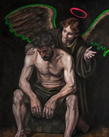 Living room painting by Marcin Wilk titled Judas and the Angel