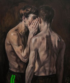 Living room painting by Marcin Wilk titled Patroclus and Achilles