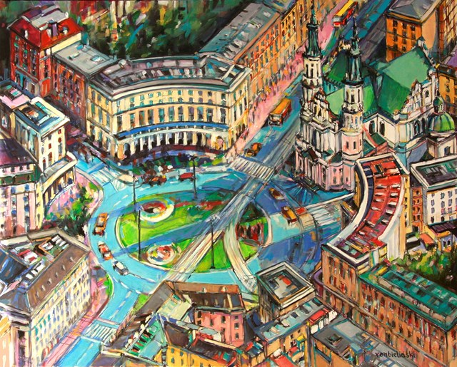 Living room painting by Piotr Rembieliński titled  Zbawiciela Square in Warsaw