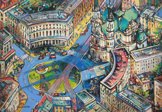 Living room painting by Piotr Rembieliński titled Warsaw, Plac Zbawiciela