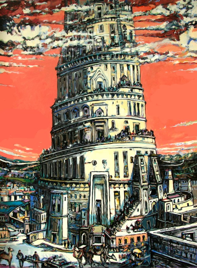 Living room painting by Piotr Rembieliński titled Tower of Babel