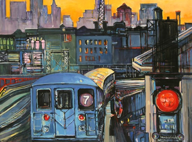 Living room painting by Piotr Rembieliński titled New York City evening