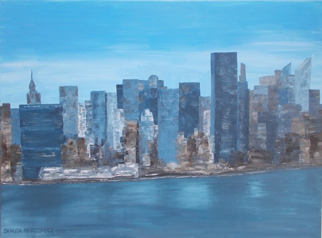 Living room painting by Danuta Niklewicz titled Manhattan from Hudson river