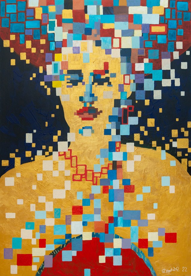 Living room painting by Olga Deptuła titled Pixels 1 (The Queen)