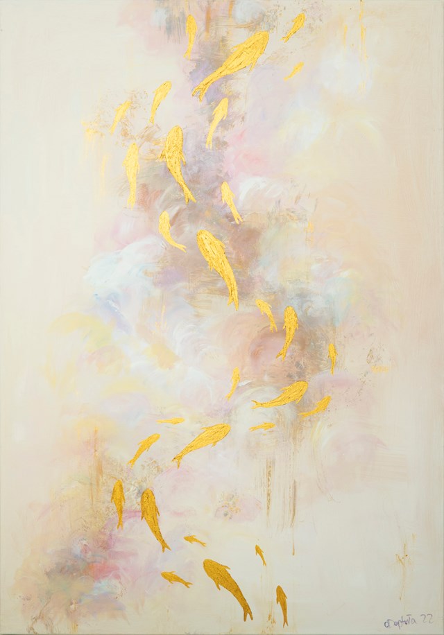 Living room painting by Olga Deptuła titled Pastels & Gold 1 (Koi)