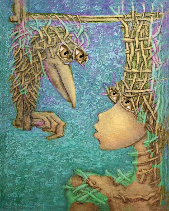 Grafika do salonu artysty Bohdan Wincenty Łoboda pod tytułem Ptak i ona (praca oprawiona)