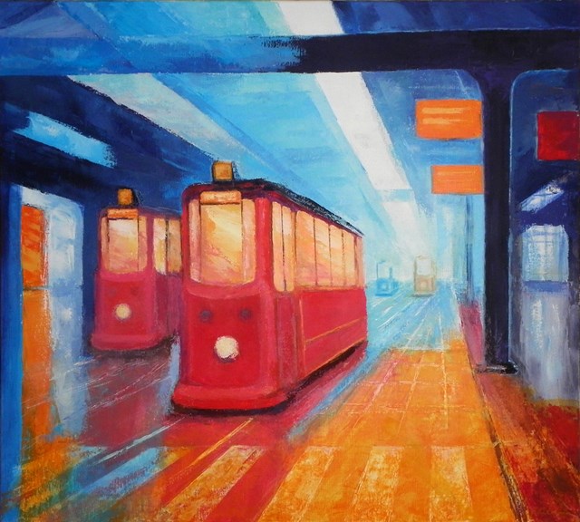 Living room painting by Bohdan Wincenty Łoboda titled Metropolis - trams