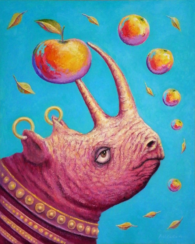 Living room painting by Bohdan Wincenty Łoboda titled Rhinoceros - apple