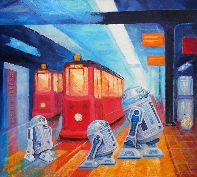Living room painting by Bohdan Wincenty Łoboda titled Metropolis - trams and R2-D2