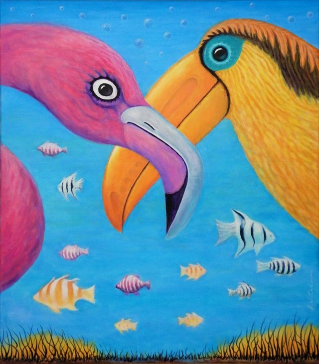 Living room painting by Bohdan Wincenty Łoboda titled Toucan - flamingo - fish