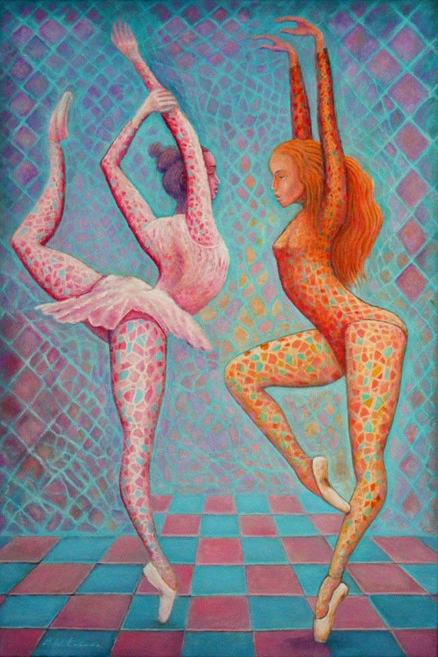 Living room painting by Bohdan Wincenty Łoboda titled  Two Ballerinas